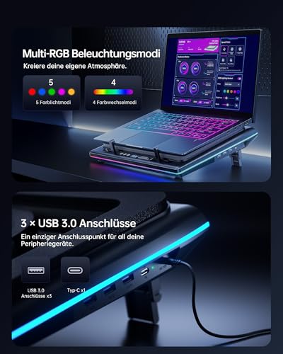 llano V12 Ultra Laptop Cooler Cooling Pad with Intelligent Software Control，RGB Gaming Laptop Cooler Intelligent Temperature Control 5.5 inch Turbo Fan, 3 USB 3.0 Ports for 15.6-21 inch Laptops.