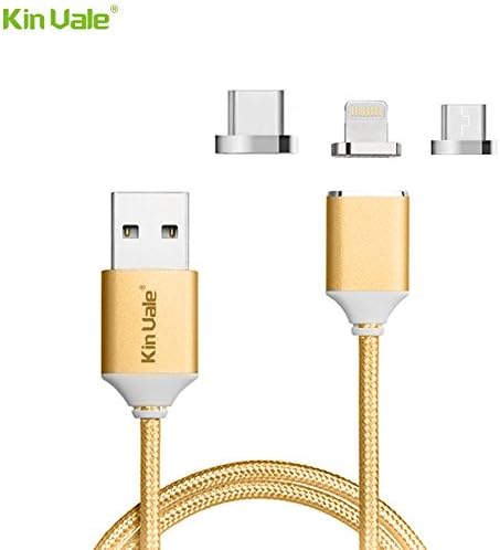 Magnatic USB Cable Kin Vale Lightning USB/Type-C/Micro USB 3 in 1 Nylon Braided Charging and Data Transfer Sync Fast Charging 3.25ft Cable Support for ios and Android System (gold)