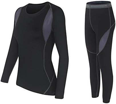 Wildconqueror Women Elastic Thermal Underwear Suit Warm Top &amp; Bottom Black Size M