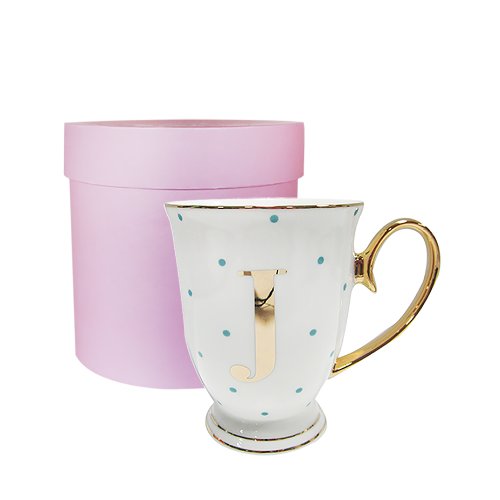 Bombay Duck 13 x 13 x 12 cm Letter J Alphabet Spotty Metallic Mug with Aqua Spots, White/Gold