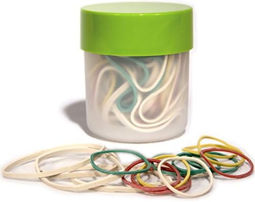 JP Eco Bands - Long Lasting Latex Colour Rubber Bands - Assorted Sizes (#14, #32) (green, red, yellow, white) (1 PACK, Approx. 120 Pieces) - Stored in Multi-use Plastic Storage Container You'll Love!