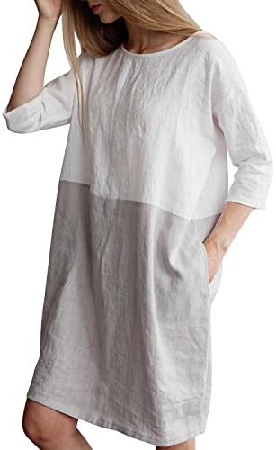 Women's Plus Size 3/4 Sleeve Loose Cotton Linen Top Shirt Dress S-3XL