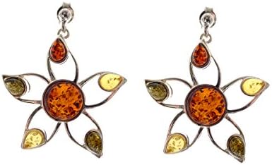 Sterling Silver 925 Multicolor Flower Earrings Baltic Amber
