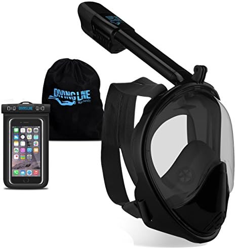 DivingLine Full Face Snorkel Mask with GoPro Mount | Anti-Fog Panoramic View | Built-In Top Snorkeling Tube | Adults and Kids | Adjustable Head Straps Includes Waterproof Phone Case (Black, S/M)