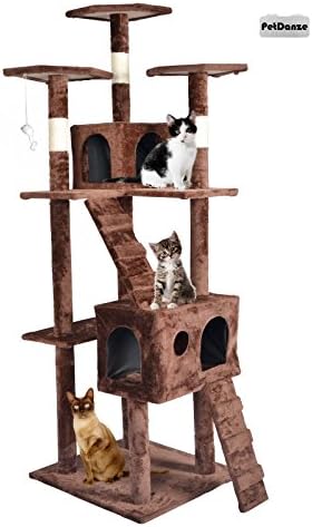 PetDanze Cat Tree Kitten Condo Post Scratcher | Kitty Tower Scratching Post Furniture | Cat Climbers Play House | 73" Height, Brown