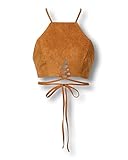 Persun Women's Camel Faux Suede Cut Out Multi Strap Tied Crop Top