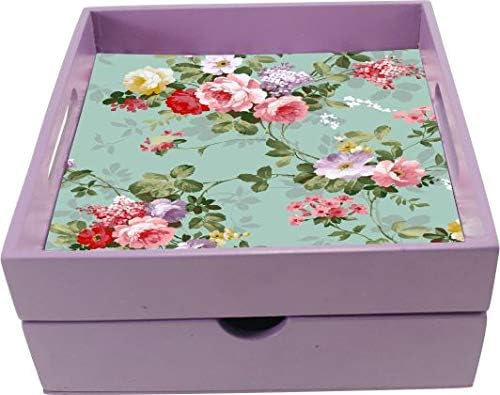 Enigmatic Woodworks Wooden Tray with DrawerI Store Spoon Knife Fork Napkin Tea Sugar Milk Sachets I Size 20 X 20 X 9 CM (Purple Vintage)
