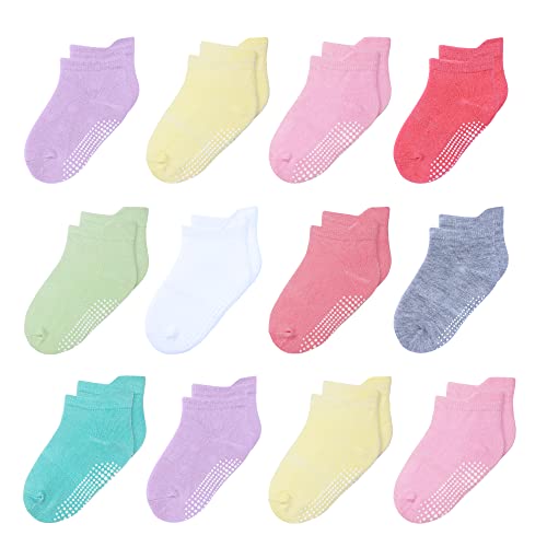 HYzgb 12 Pack Non Slip Kids Toddler Baby Socks with Grips 1-7 Years Boys Girls Cotton Ankle Socks Multi Colors