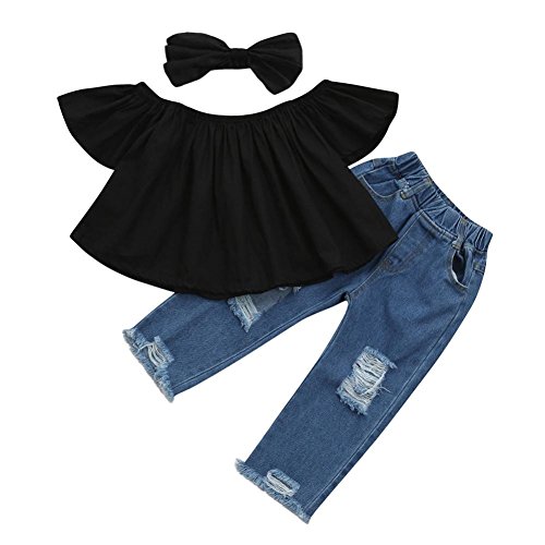 Moonker Kids Outfits,Toddler Baby Girls Off Shoulder Crop Tops Hole Denim Pant Jean Headband Clothes