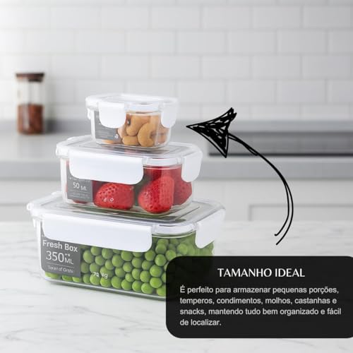 Kit 4 Mini Potes Hermético Retangular Plástico Transparente 50ml 7x5x4cm Tampa c/Trava de Segurança, Organizador de Alimentos, Porta Molhos, Reutilizáveis e Atóxico Livre BPA
