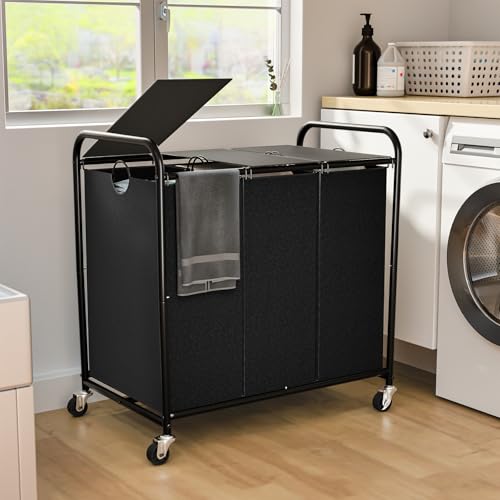 160L (42 Gal) Laundry Sorter 3 Section, Rolling Laundry Basket with Lockable Wheels and Lid, Laundry Hamper with 3 Separated Removable Bags Dirty Clothes Hamper for Laundry Room Organizer, Black
