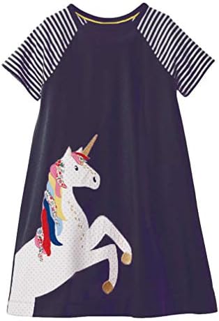 Kfnire Little Girls Short/Long Sleeve Dress Casual Cute Dinosaur Animal Print Kids Baby Girls Cotton Dress Children Outfit Age 1-7 Year