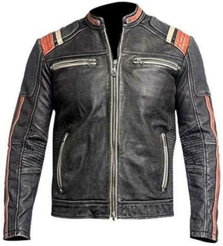 Mens Retro Classic Slim fit Biker Style Distressed Black Real