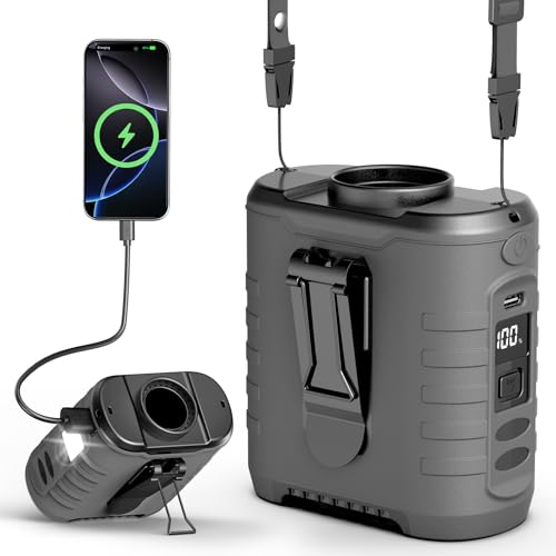 6-in-1 Waist Clip Fan, T-Shirt Fan, 10000 mAh, 5 Speed Levels, 8-40 Hours Running Time, USB Rechargeable, for Construction Site, Outdoor, Hiking, Working in Summer with COB Light & Power Bank
