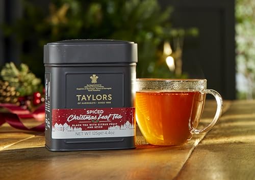 TAYLORS OF HARROGATE SPICED CHRISTMAS, HOLIDAY BLACK TEA, LOOSE LEAF, 4.41 OUNCE TIN CADDY, DEEP, FESTIVE AND SPICED, CAFFEINATED, PREMIUM WHOLE LEAF TEA