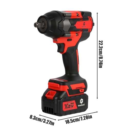 GearZone Cordless Impact Wrench 1/2 Inch, 1000 N.m Brushless Impact Gun Come with 2pcs 21V Batteries, 2800 RPM High Torque Electric Power Impact Driver Set for Car Home-Red