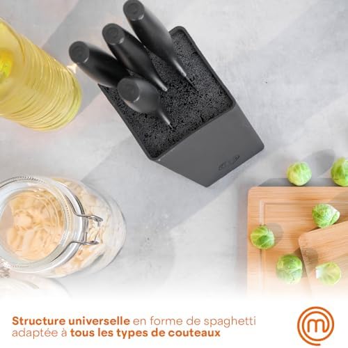 MasterChef Couteaux de Cuisine avec Bloc, Contient : Couteau d'Office Universel, Couteau à Viande et Pain, Couteau de Chef, Acier Inoxydable, Manche Ergonomique, Noir, Toucher Doux