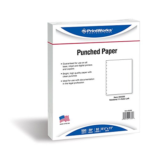 PrintWorks Professional Prepunched Paper, 8.5 x 11, 20 lb., Velobind 11 Pin or Velobind 4 Pin Report & Presentation Paper, 500 Sheets, White (04330)