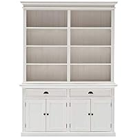 NovaSolo Halifax Pure White Mahogany Wood Hutch Bookcase With Storage And 2 Drawers