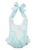 Baby Girls Lovely Ruffle Lace Collar Bodysuit with Headband (6M, Blue)
