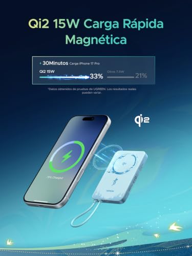 UGREEN x Honkai: Edición Star Rail Qi2 15W 10000mAh Power Bank Ultra Delgada Batería Portátil con MagSafe, 30W Cable USB-C Integrado, Carga Inalámbrica Magnética Compatible con iPhone 17/16/15 Series