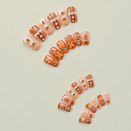 Christmas Cute Cartoon Nails Press on Nails Medium Square Fake Nails with Snowflake Candy Canes House Gingerbread Man Designs Acrylic False Nails Xmas Winter Glue on Nails for Women and Girls 24Pcs - Image 4