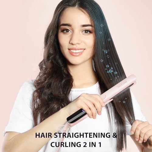 ANGENIL Pro Titanium Flat Iron Hair Straightener and Curler 2 in 1, Dual Voltage Hair Straightening and Curling Irons, Round Pink Hair Straightener with Heat Resistant Silicone Mat Tools, 15s Fast Heating