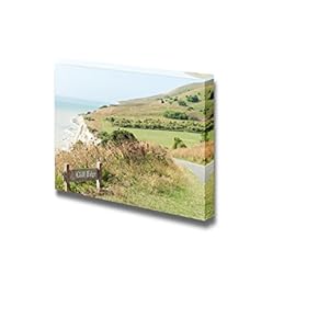 Cliff Edge Danger Sign Amongst Beautiful Scenery on The South Downs Way Hiking Trail Wood Framed - Canvas Art Wall Art - 12" x 18"