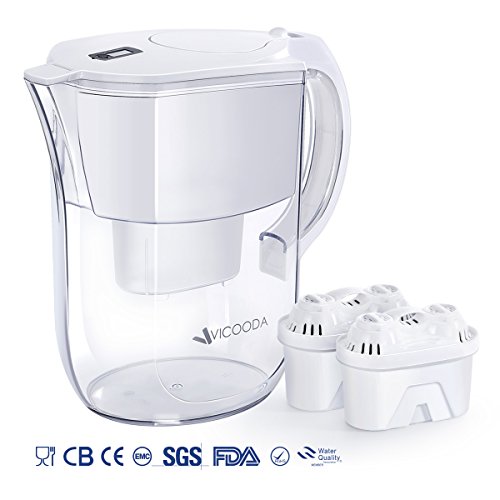 VICOODA Water Filter Pitcher, 10 Cup Pitcher with Electronic Filter Indicator, 2 Filters - BPA Free, Comfortable Handle, Fast Filtering Outlet, Ultra Adsorptive Material - White