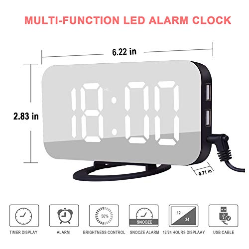 image for EVILTO Modern Alarm Clock with USB Charger Ports Digital Mirror Alarm 