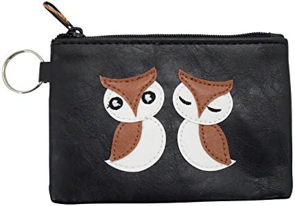 Lavishy Owls in Love - Happy Owl Couple Vegan Leather Applique Coin Purse Keychain