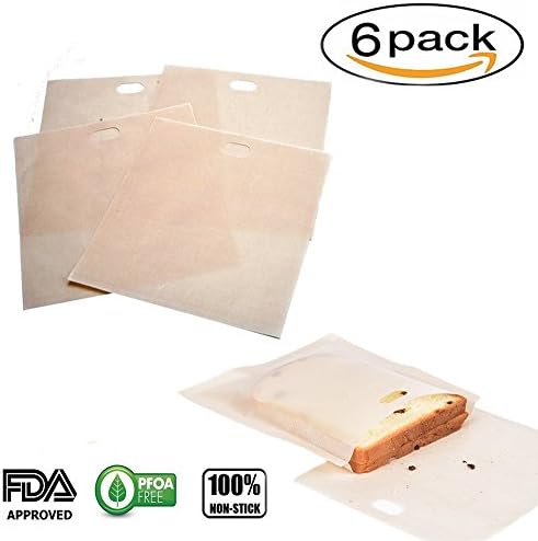 Pack of 6 Non Stick Toaster Bags Reusable and Heat Resistant Easy to Clean,Perfect for Sandwiches Pastries Pizza Slices Chicken Nuggets Fish Vegetables Panini &amp; Garlic Toast