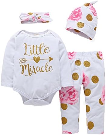 Newborn Baby Girls Little Miracle Bodysuits Floral Leggings Hat 3pcs Outfits (6-12M, white)