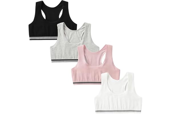 FedMois Girls Sports Bra Unpadded Crop Top Cotton Pack of 4, Grey, Black, White and Pink
