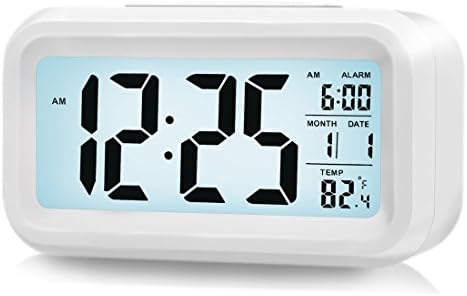 Vicona Muti-function Large LCD Display Smart Backlight Alarm Clock Battery Operated Snooze Digital Alarm Clock with Time/ Date/ Temperature/ Soft Nightlight Gradually Louder Alarm Clock (white)