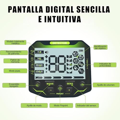 Detectores de Metales, Detector de Metales Profesional para Adultos, Pantalla de Cristal Líquido de Alta Definición, Buscador de Tesoros de Alta Sensibilidad, 5 Modos, Longitud Ajustable (56-93) cm
