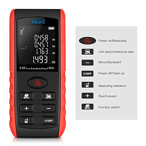 Digital Laser Distance Meter 131FT/ 40M,InLife Backlit LCD Laser Measure, Laser Measuring Device with Single-distance, Continuous, Area, VNT Angle, Volume Measurement and Pythagorean Modes