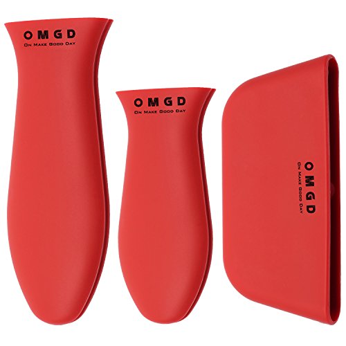 OMGD-3 Pack Silicone Hot Handle Holder,Pot Handle Holer,Pan Handle Holder for Cast Iron Skillet - Red
