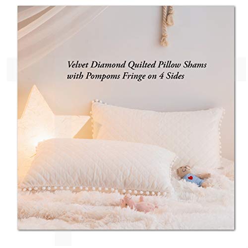 MooWoo 2PCS Velvet Flannel Pillowcases, Pompoms Fringe Pillow Shams Diamond Quilted Design with Zipper Closure,No Inside Filler(2PC White Pillowcases, Standard 19"x29")