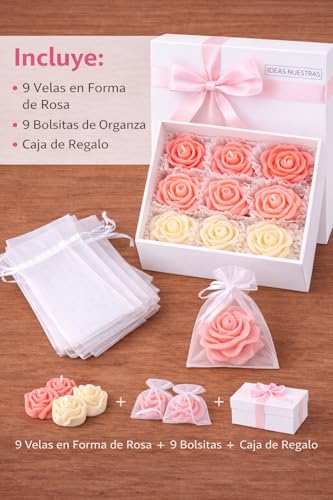 Scented Rose Candles (Pack of 9) – Decorative Candles for Mother's Day, Women, Wedding and Communion – Gift Box with Organza Bags Included Ideas Nuestras®