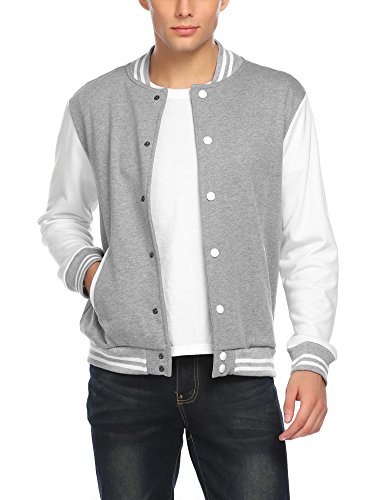 COOFANDY Men Fashion Long Sleeve Button Front Cotton Bomber Baseball Jacket,XX-Large,Gray