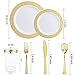 WDF 150 Gold Disposable Plates & Plastic Silverware &Plastic Cups, Lace Dinnerware : 25 Dinner Plates 10.25 inch, 25 Dessert Plates 7.5 inch, 25 Tumblers 10 oZ, 25 Forks, 25 Knives, 25 Spoons