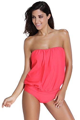Huusa Womens Sexy Bandeau Blouson Tankini 2pcs Swimsuit Bikini M Red