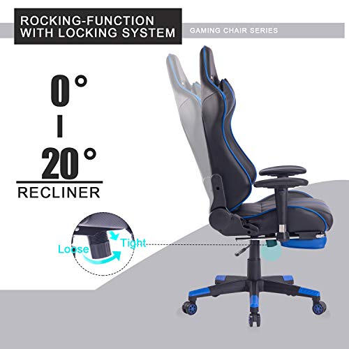 Blue Whale Massage Gaming Chair with Retractable Footrest,Adjustable Massage Lumbar Cushion and Headrest- High Back Ergonomic Leather Racing Executive Desk Computer Office Chair BW192 Blue - Thumbnail 3