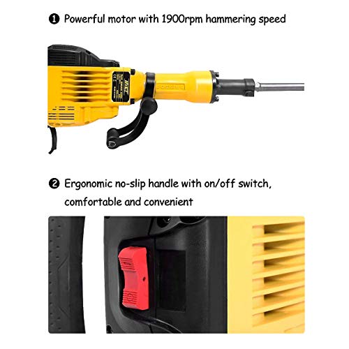 Goplus HD 3600W Electric Demolition Jack Hammer 1400RPM Concrete Breaker Drills for Punch Construction w/Flat Chisel, Bull Point Chisel and Gloves - Thumbnail 3