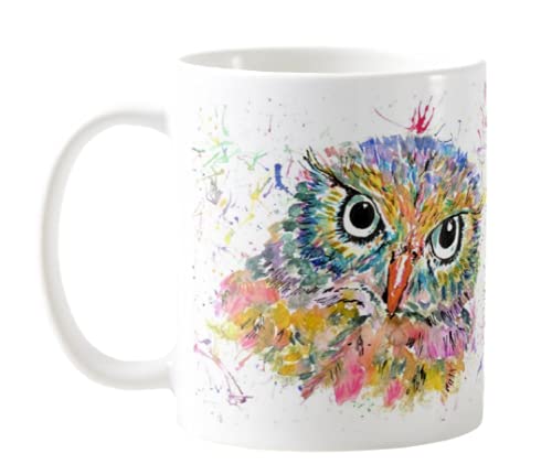 Vixar Owl Watercolour Rainbow Art Coloured Mug Cup, Gift, Birthday, Work, Office, Christmas Tea Coffee (White)