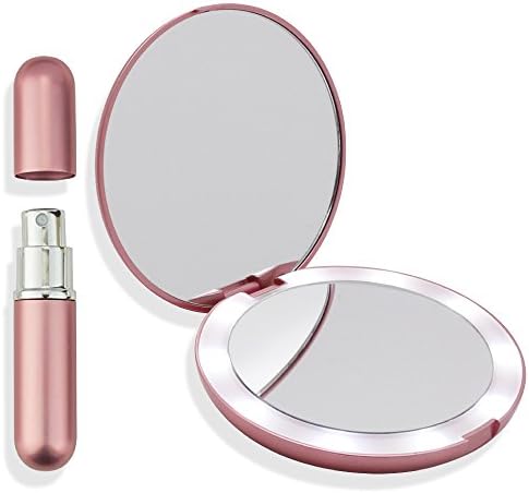 LED Lighted Pink Travel Makeup Mirror, 5 Inch diameter size double sided 1X/5X magnifying, portable wireless battery operated, light up hand held mirror and pink refillable perfume atomizer
