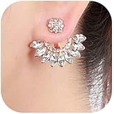 Jumwrit Ear Jacket Stud Earrings Rhinestone Flower Dangle Earrings Front Back Cuff Earrings for Women Simple Chic Earrings Accessories(Gold)