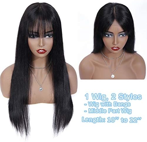 Lanyi Human Hair Wig with Air Bangs 12 inch Black Straight Weave Lace Closure Wig Brazilian Virgin Hair Wig Remy Hair Wig