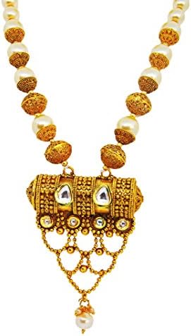 AriaSparkles Indian Bollywood Pearl Kundan lace Artificial Imitation Gold Plated Wedding Traditional Necklace Earring Set for Women